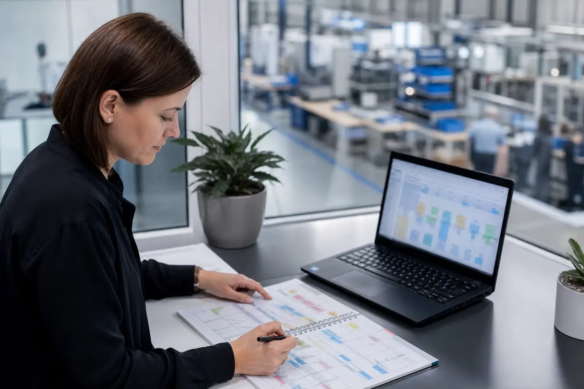 Gesundheitsverantwortliche plant arbeitsmedizinische Vorsorge am Laptop mit Wandplaner im Werksbüro