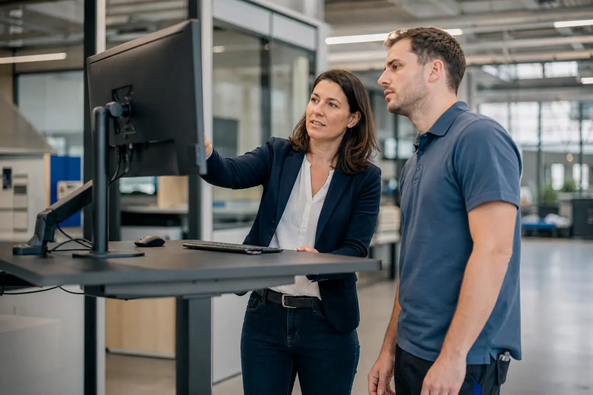 Ergonomieberatung an einem höhenverstellbaren Arbeitsplatz in einem Industriebetrieb