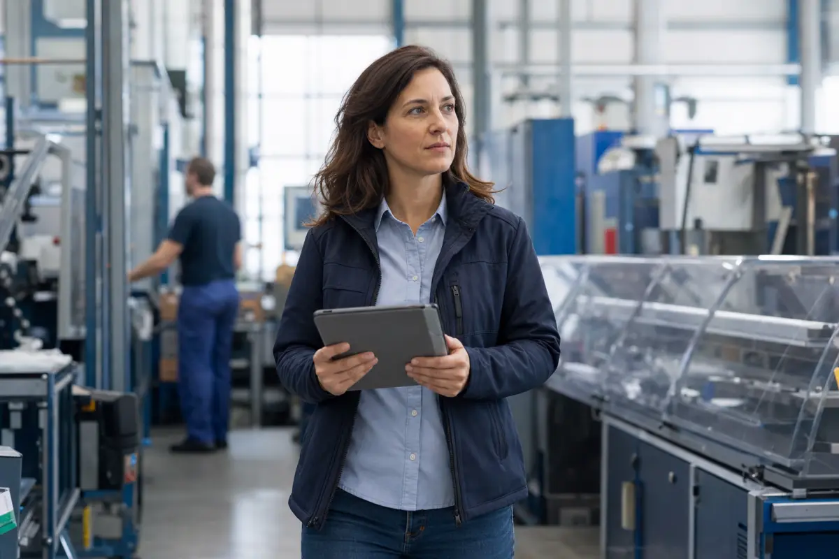 Fachkraft für Arbeitssicherheit mit Tablet bei der digitalen Gefährdungsbeurteilung an einer Produktionslinie