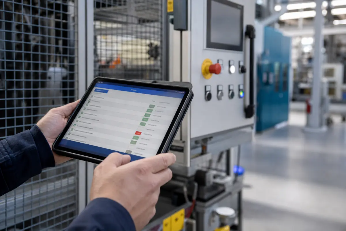 Hände halten ein Tablet mit digitaler Prüf-Checkliste neben einer Maschinensteuerung