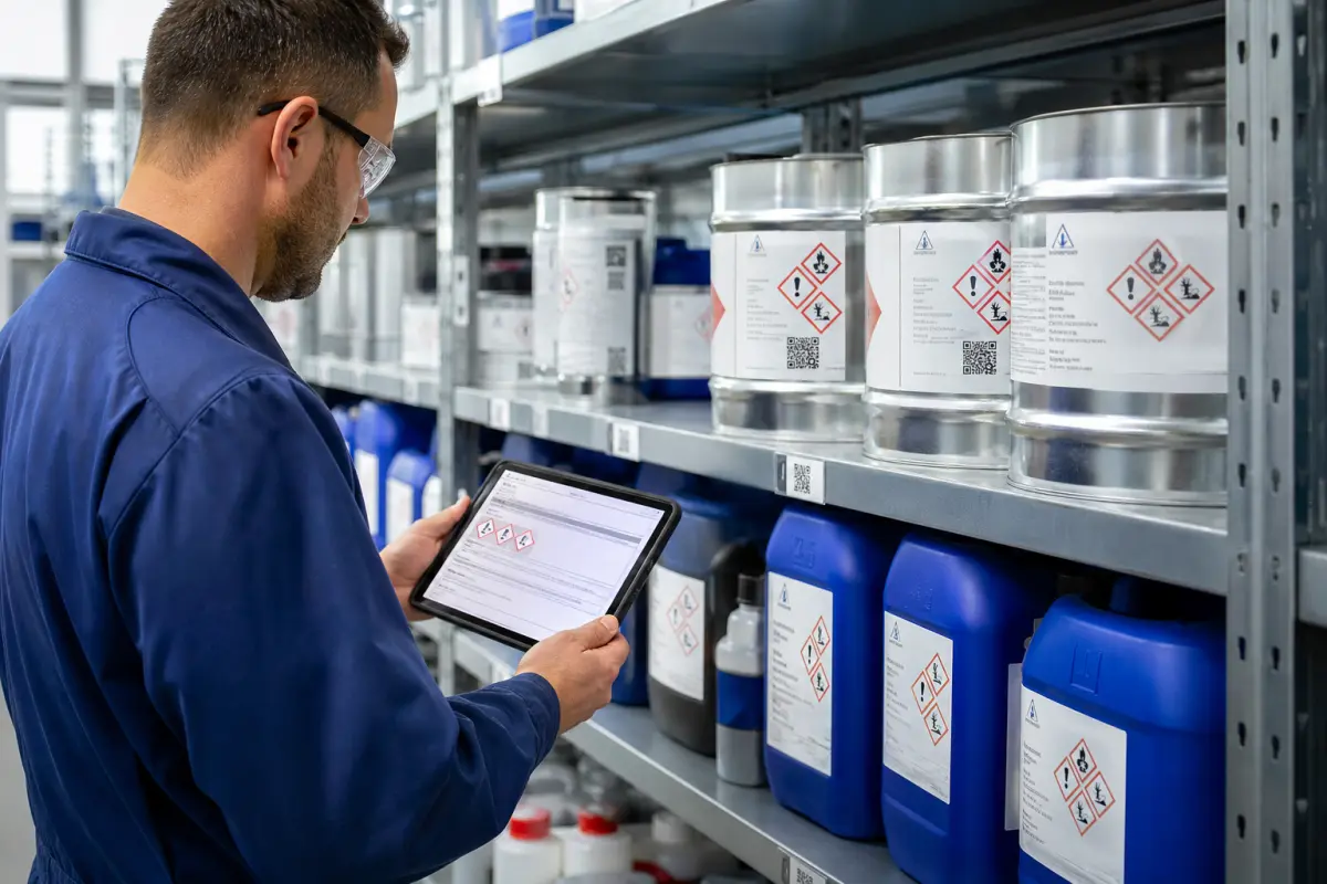 Mitarbeiter scannt per Tablet einen QR-Code am Gefahrstoffregal mit GHS-gekennzeichneten Behältern