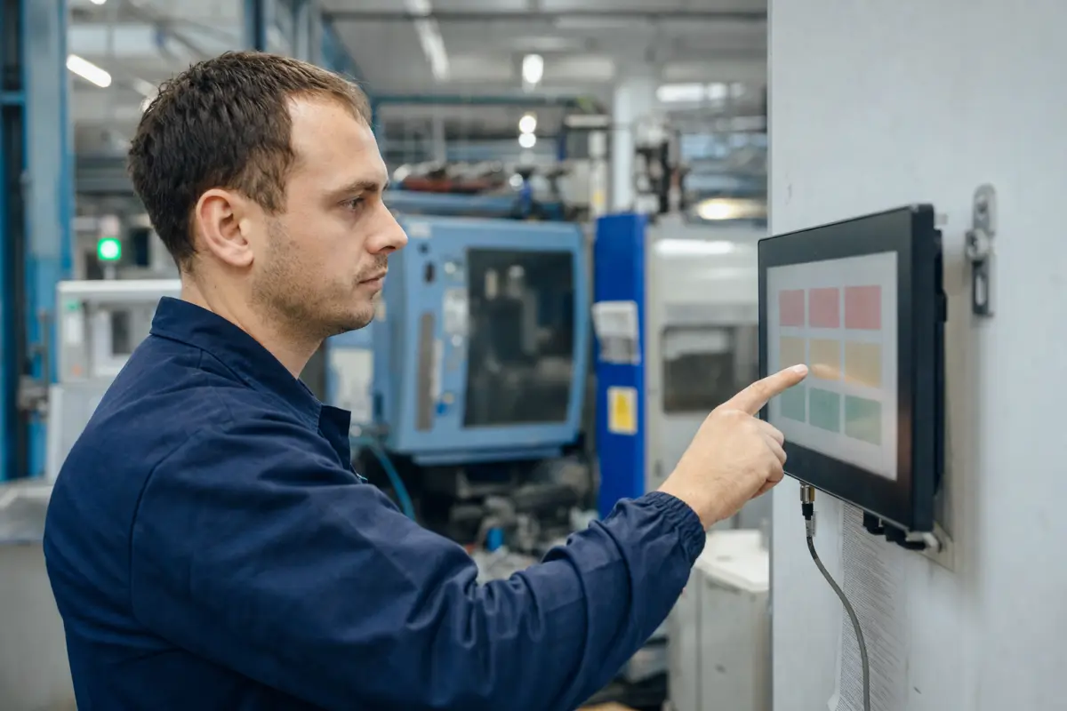 Produktionsmitarbeiter meldet einen Vorfall an einem Touch-Terminal in der Werkshalle