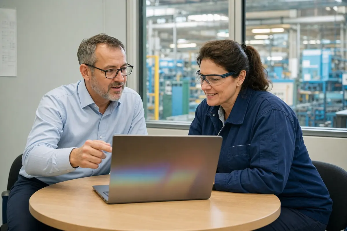Betriebsrat und Fachkraft für Arbeitssicherheit besprechen EHS-Software am Laptop im Besprechungsraum