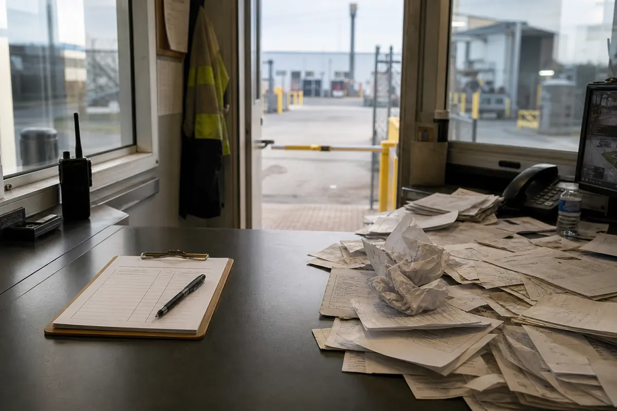 Pförtner-Schalter: geordnetes Klemmbrett neben chaotischem Papierstapel am Werkszugang