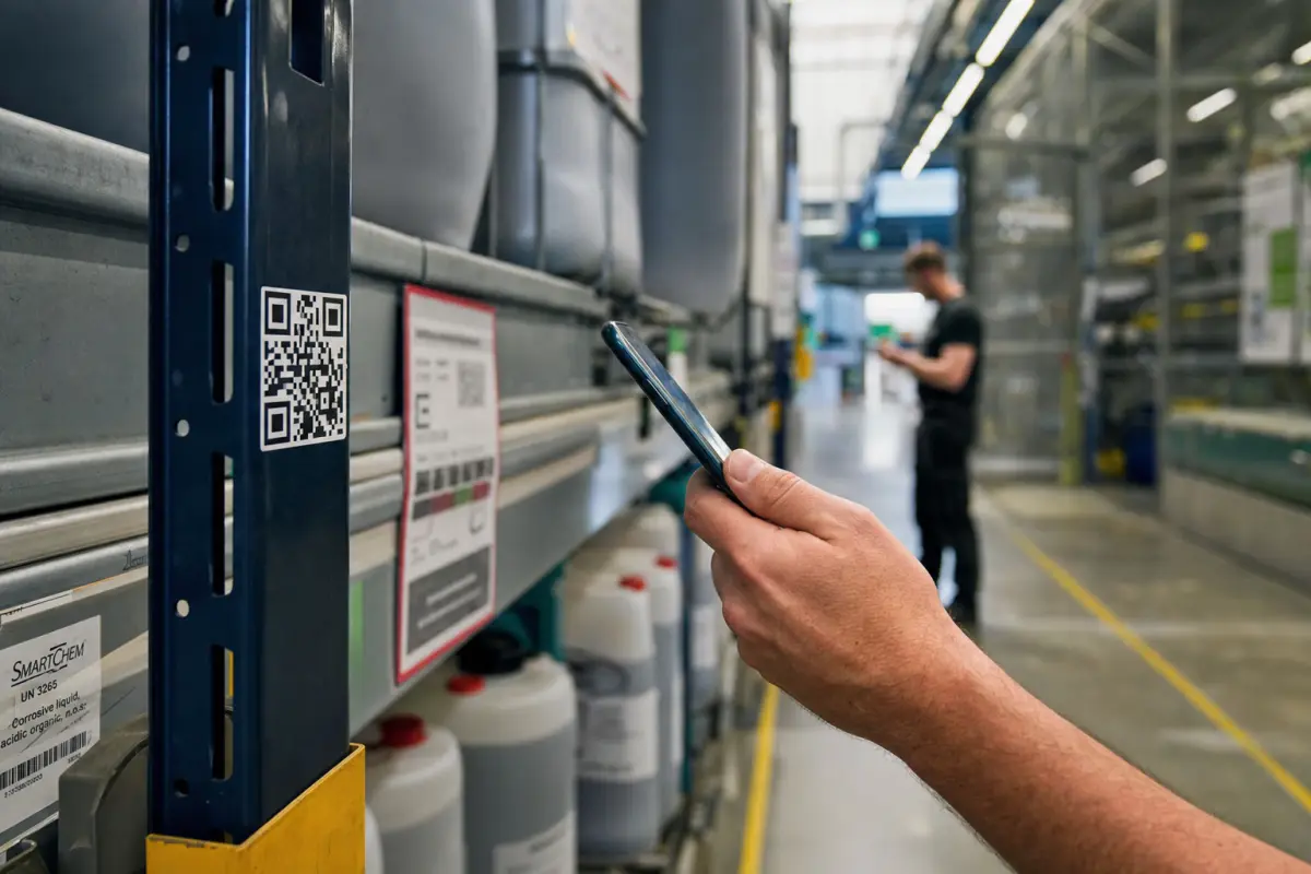Smartphone scannt QR-Code am Gefahrstoffregal im Lagerkorridor