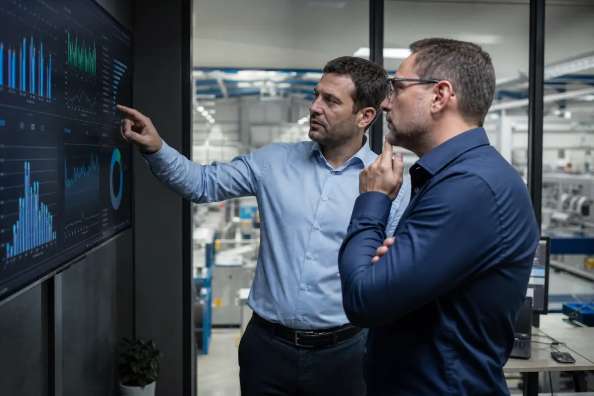 Werksleitung und EHS-Manager besprechen ein EHS-Dashboard auf einem großen Monitor im Werk