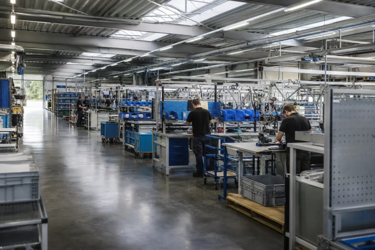 Übersicht einer aufgeräumten mittelständischen Produktionshalle mit Montagearbeitsplätzen