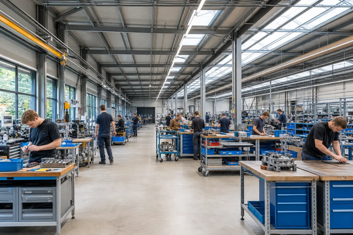 Belebte Produktionshalle mit vielen Mitarbeitern an Montagearbeitsplätzen