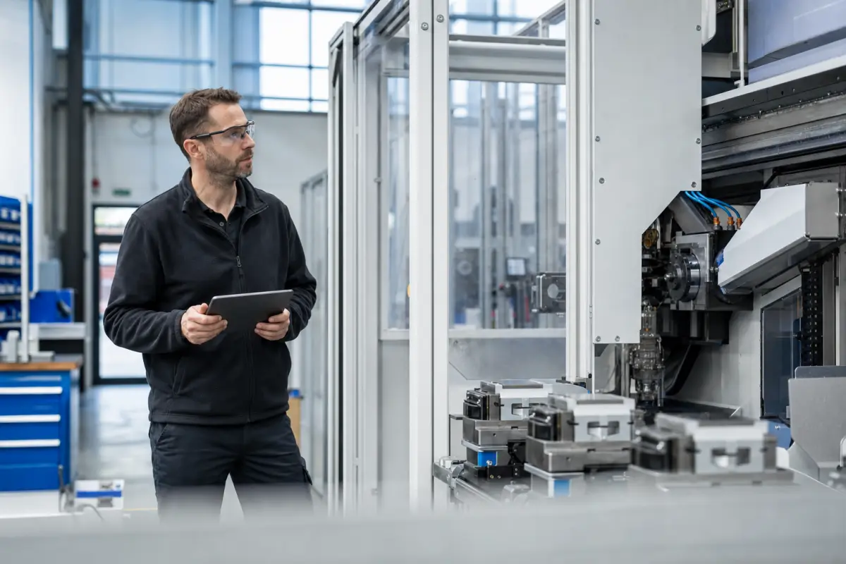 Instandhalter mit Tablet beurteilt eine CNC-Bearbeitungszelle im Maschinenbau