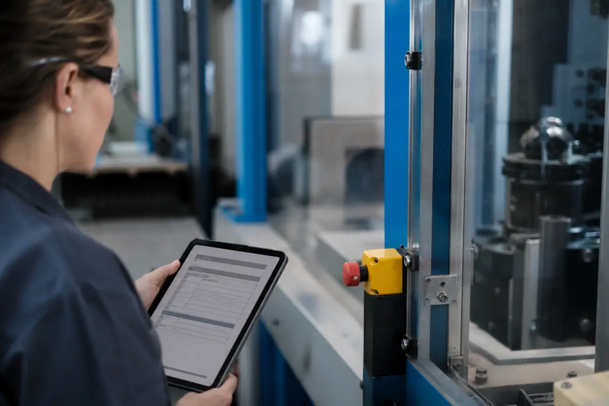 Schutzeinrichtung und Not-Halt an einer CNC-Maschine mit Tablet-Checkliste