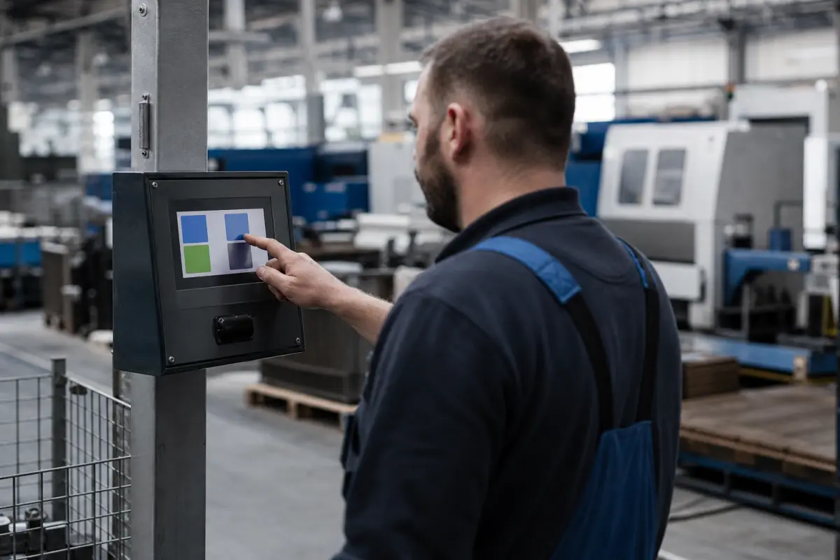 Robustes Shopfloor-Terminal in der Halle, ein Werker tippt auf das Display