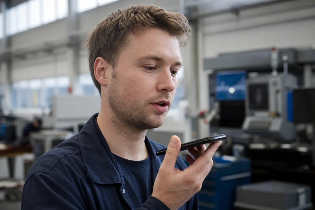 Werker nutzt die Sprachfunktion am Smartphone für eine Meldung in der Produktion