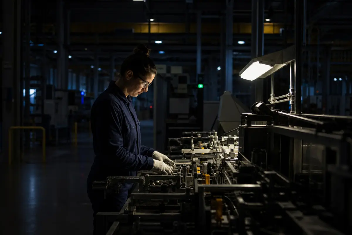 Nachtschicht in der Produktionshalle mit reduzierter Beleuchtung