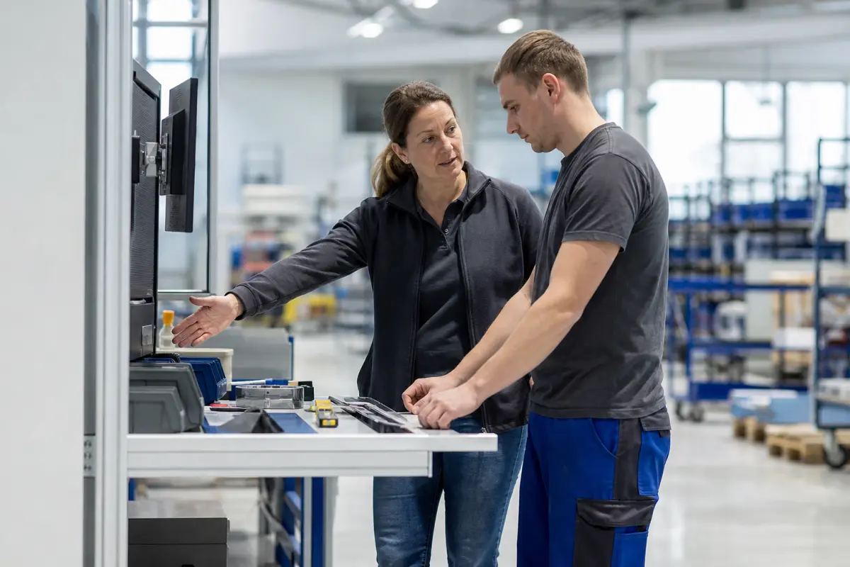 Gesundheitsfachkraft zeigt einem Produktionsmitarbeiter ergonomische Einstellungen an einem höhenverstellbaren Arbeitstisch