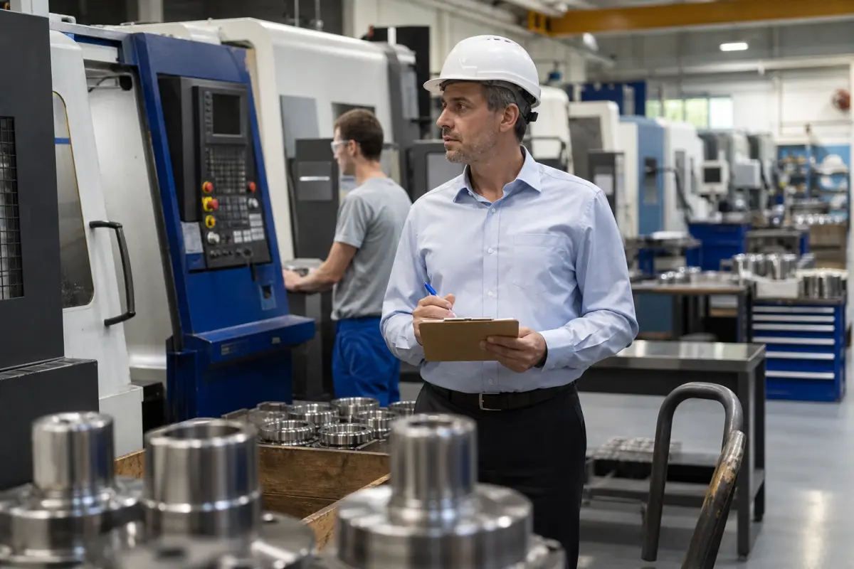 Fachkraft für Arbeitssicherheit mit Klemmbrett bei Begehung einer Produktionslinie