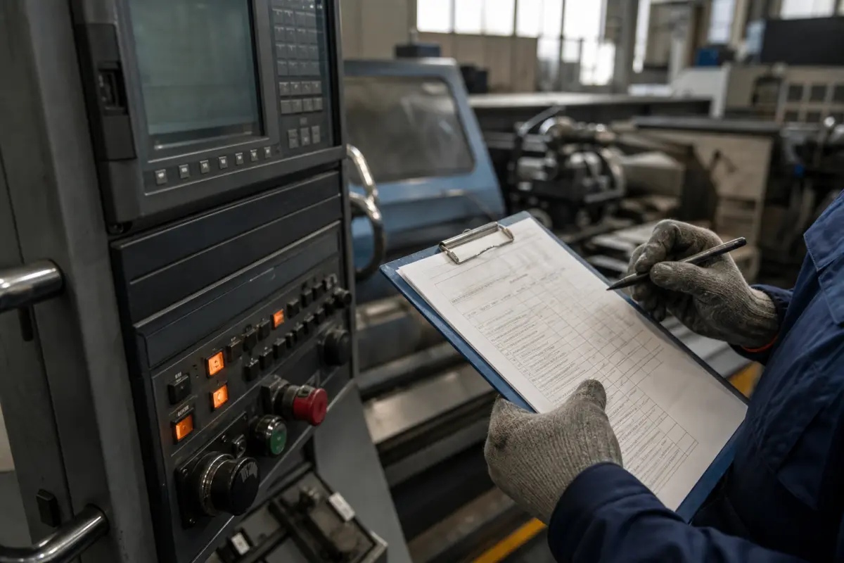 Sicherheitsbegehung an Maschinensteuerung mit Checkliste und Arbeitshandschuhen